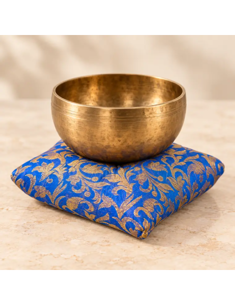 Coussin carré pour bol chantant bleu et or – 12 ou 15 cm