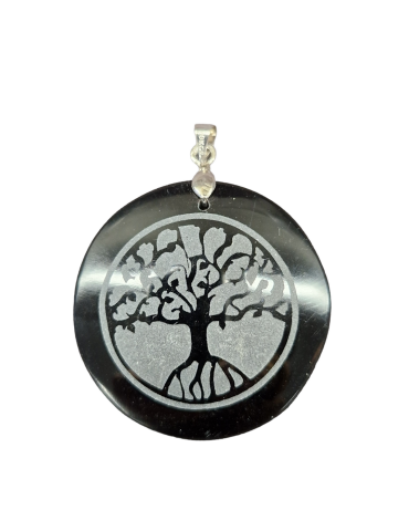 Engraved obsidian tree of life pendant