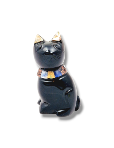 Obsidian Cat inlaid with mother-of-pearl