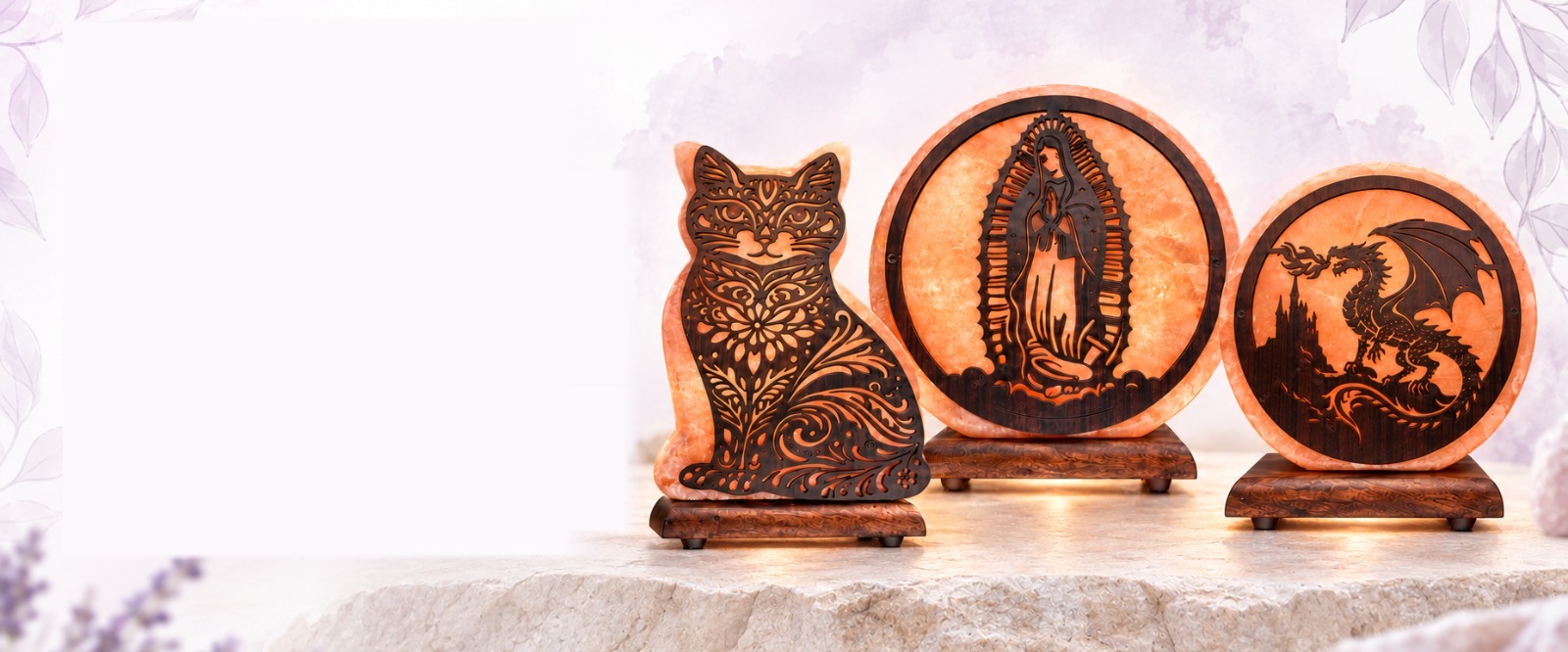 Lampes de sel motifs chat, Vierge et dragon