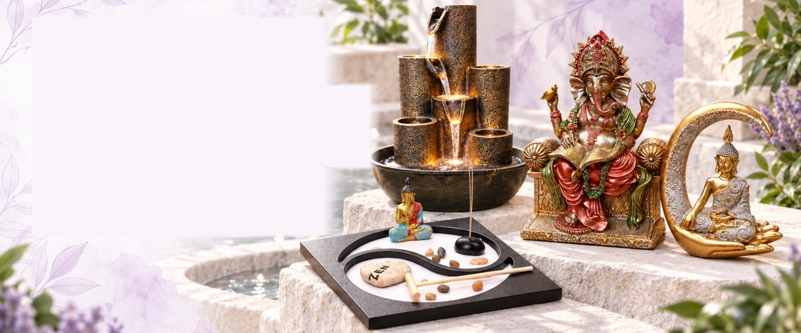 Statuettes, fontaine et jardin zen